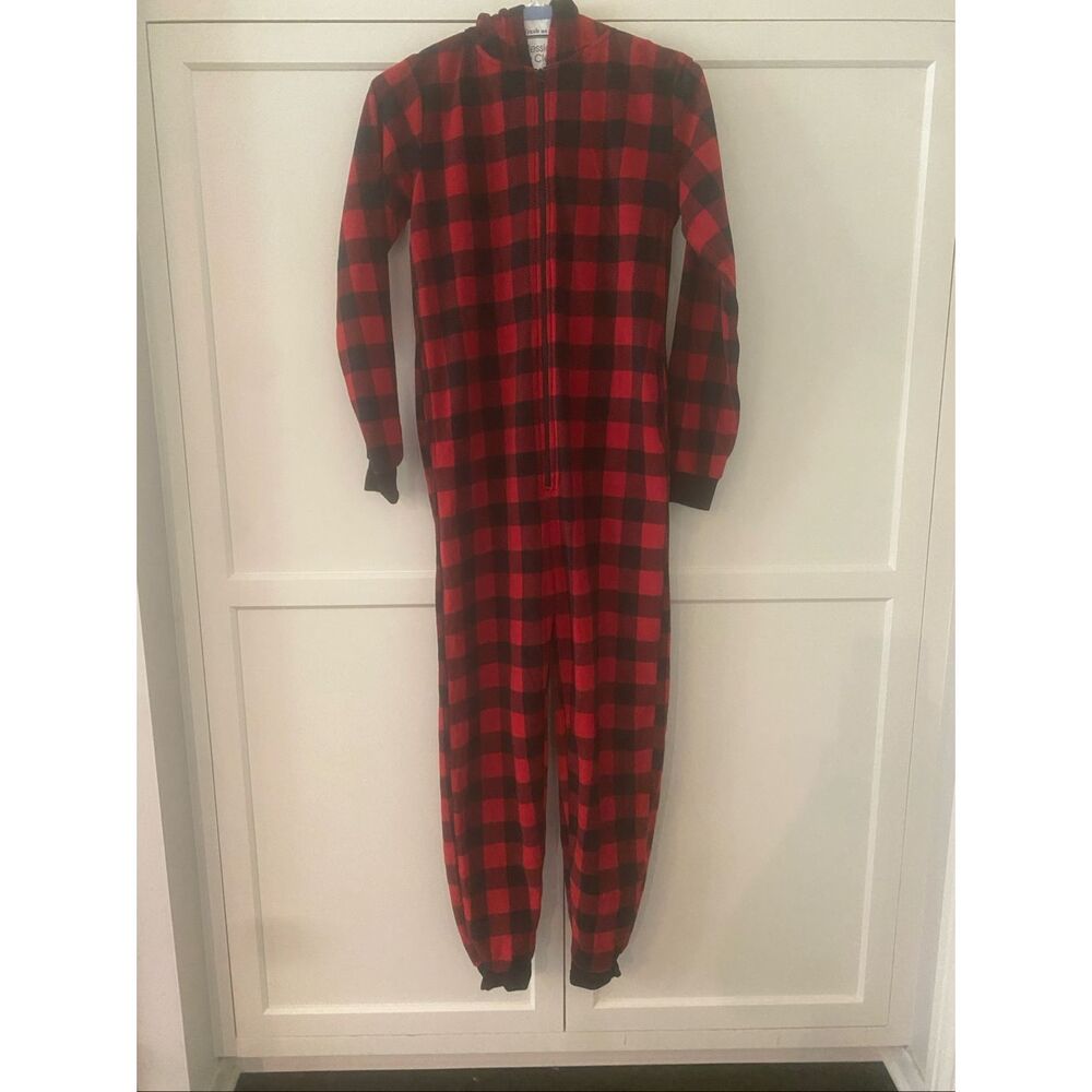 #Follow Me Men's Red Black Buffalo Plaid Long Sleeve Hooded Pajama Onesie Sz XS